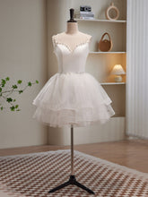 Cute White Short Tulle Beaded Graduation Dress, White Short Prom Dress Formal Dress